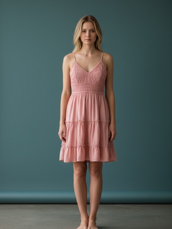 Ecowish Dresses & Skirts - ECOWISH Salmon Pink Lace Ruffle Sundress V-Neck Tie Strappy Short Dress Size S